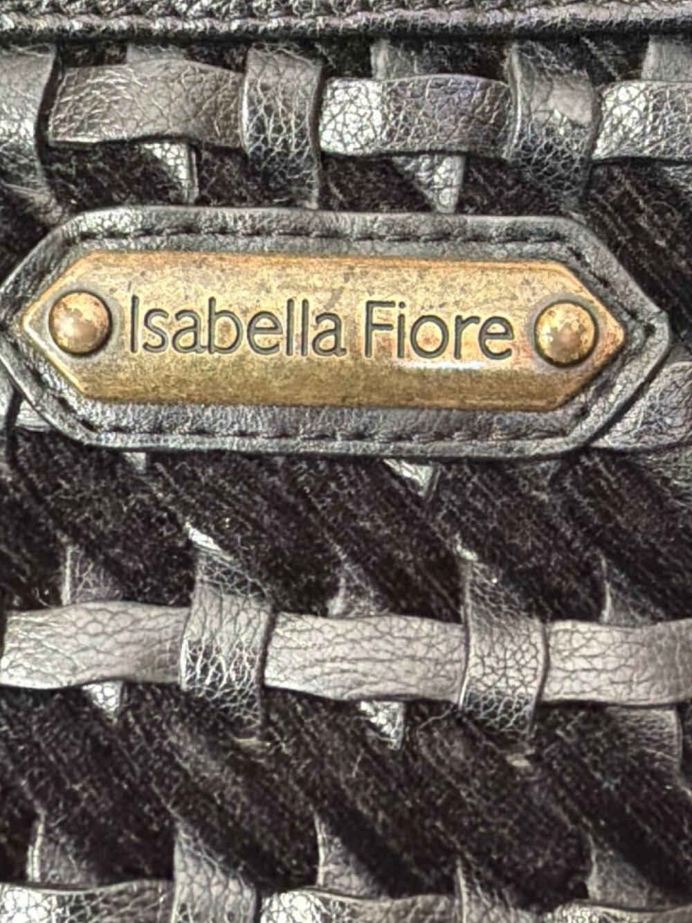 Isabella Fiore Black Leather Woven Shoulder Bag Chain Strap Y2K Designer Purse - Picture 3 of 13